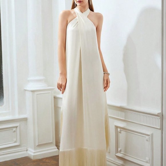 BEIGE PREPPY WOMENS FRINGE HEM CROSS HALTER DRESS - Picture 2 of 5